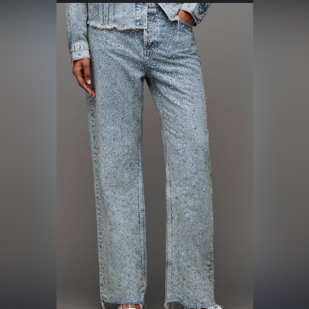 ISO All Saints Wendel Crystal Fray Hem Straight Leg Jeans.